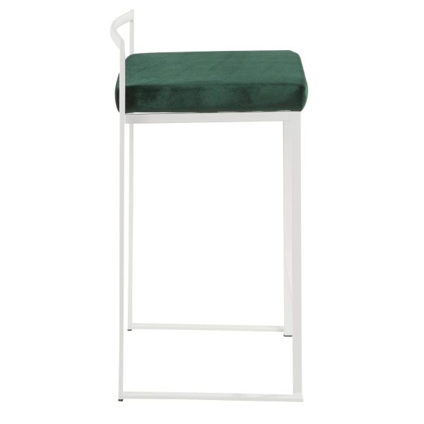 Fuji 26 White Contemporary Stackable Counter Stool Green Velvet Set of 3 4