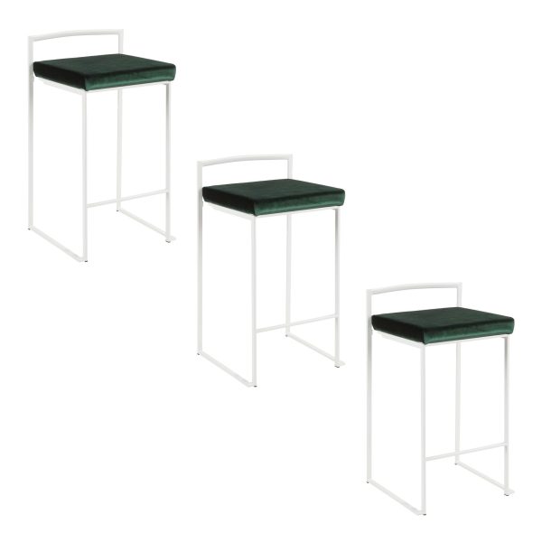 Fuji 26 White Contemporary Stackable Counter Stool Green Velvet Set of 3 9