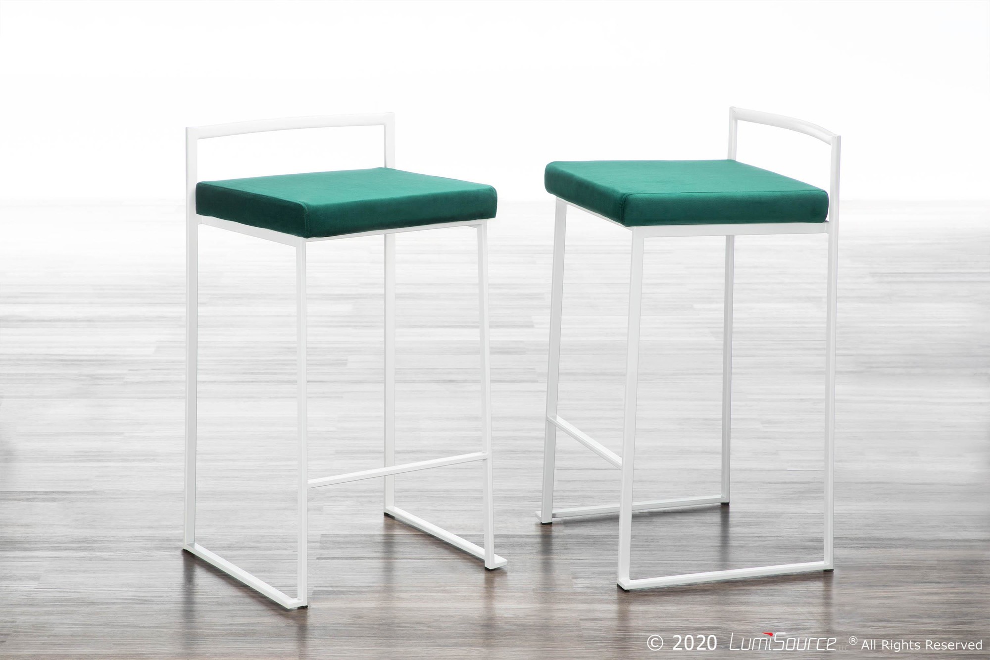 Fuji 26 White Contemporary Stackable Counter Stool Green Velvet (Set of 3) 1 Fuji 26 White Contemporary Stackable Counter Stool Green Velvet (Set of 3)