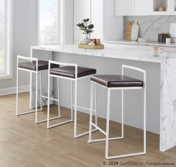Fuji 26 White Metal Brown Faux Leather Contemporary Stools Set of 3 2
