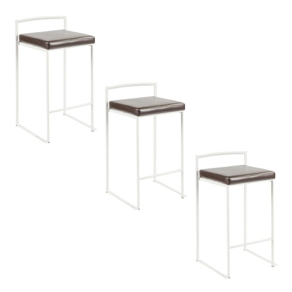 Fuji 26 White Metal Brown Faux Leather Contemporary Stools Set of 3 9