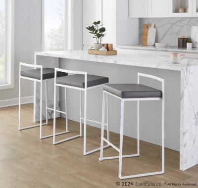 Fuji 26 White Metal Grey Faux Leather Contemporary Stools (Set of 3)