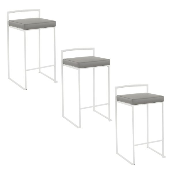 Fuji 26 White Metal Grey Faux Leather Contemporary Stools Set of 3 9