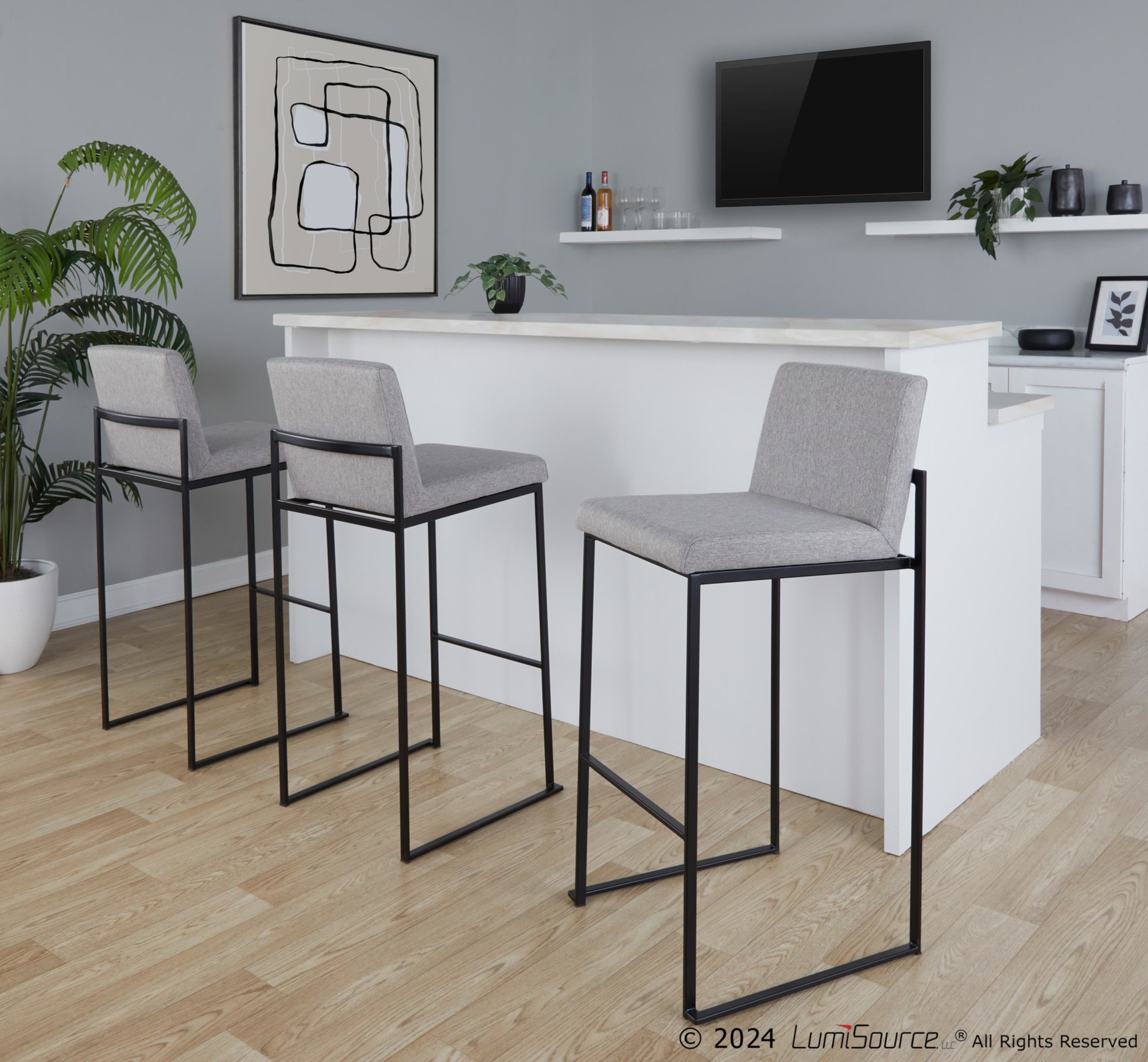 Fuji 30" Black Steel Grey Fabric Contemporary Barstools (Set of 3) 3 Fuji 30" Black Steel Grey Fabric Contemporary Barstools (Set of 3) - Image 3