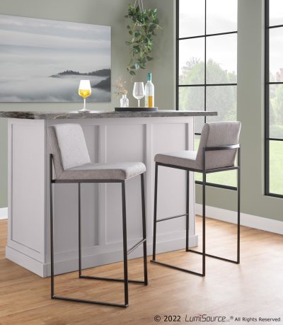 Fuji 30" Black Steel Grey Fabric Contemporary Barstools (Set of 3)