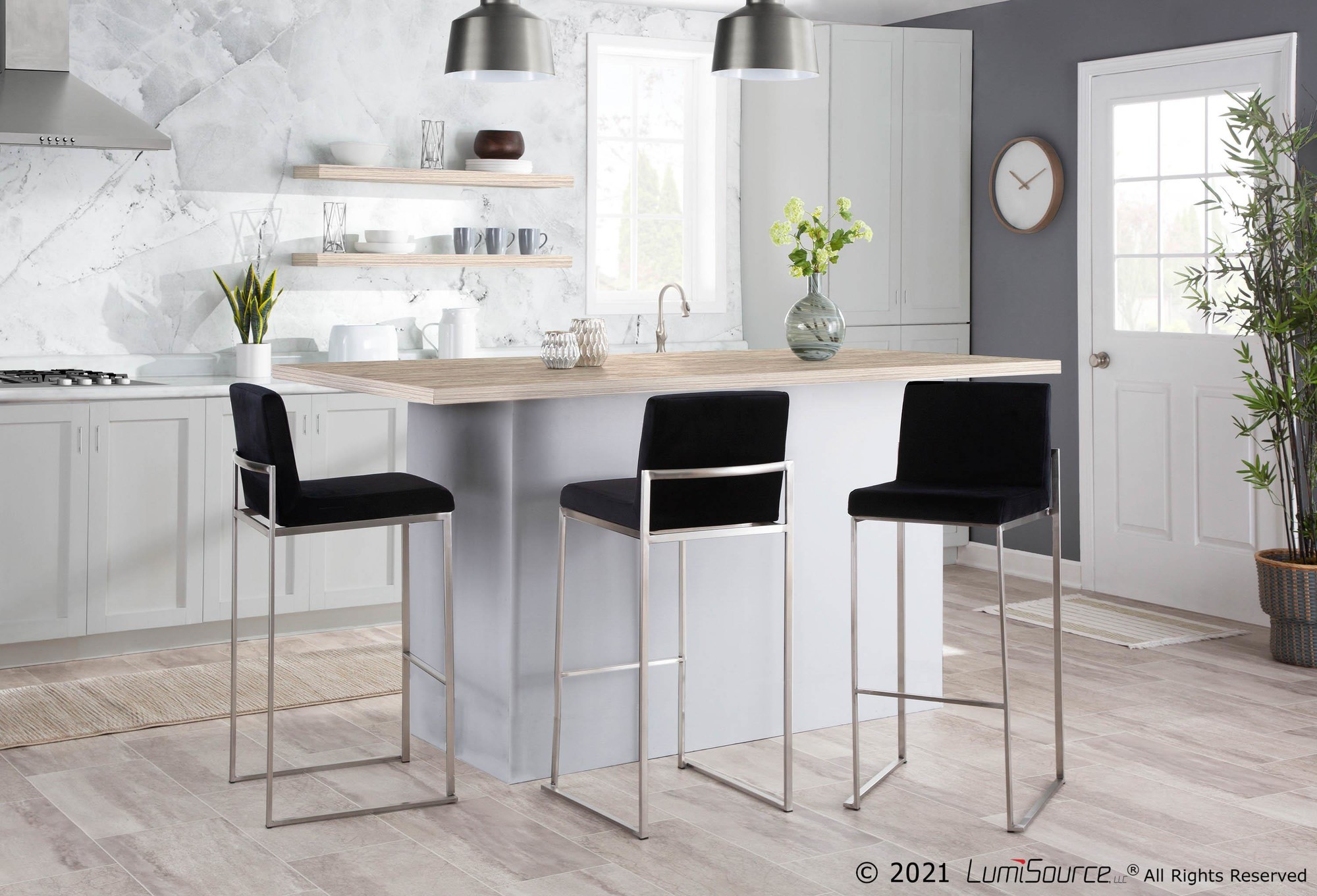 Fuji 30 Contemporary Black Velvet Stainless Steel Barstool (Set of 3) 1 Fuji 30 Contemporary Black Velvet Stainless Steel Barstool (Set of 3)