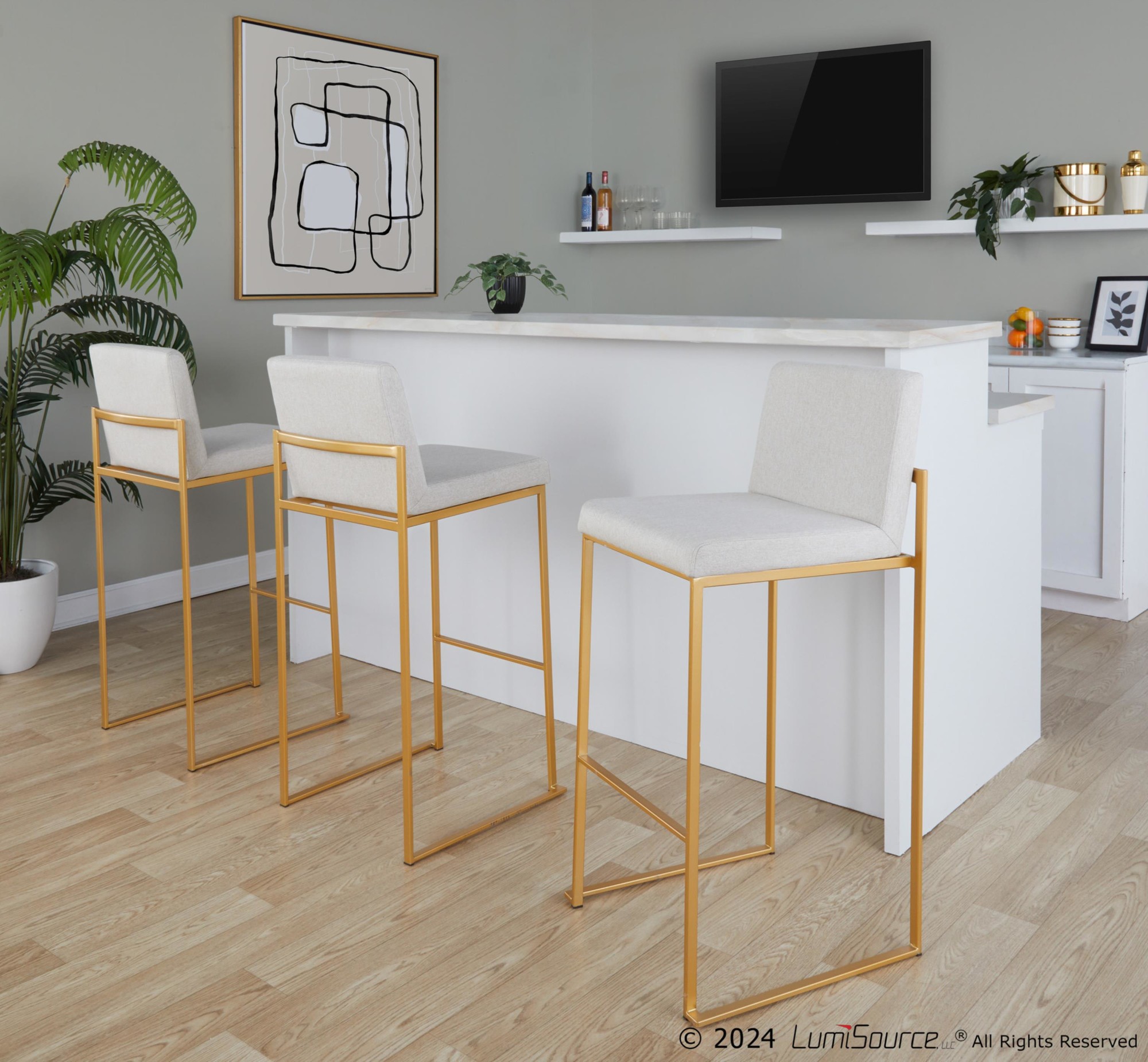 Fuji 30 Gold Beige Contemporary High Back Barstool (Set of 3) 2 Fuji 30 Gold Beige Contemporary High Back Barstool (Set of 3) - Image 2