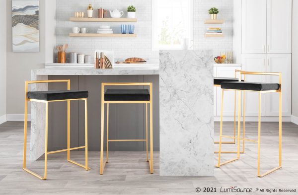 Fuji 30 Gold Black Velvet Contemporary Barstools Set of 3 1