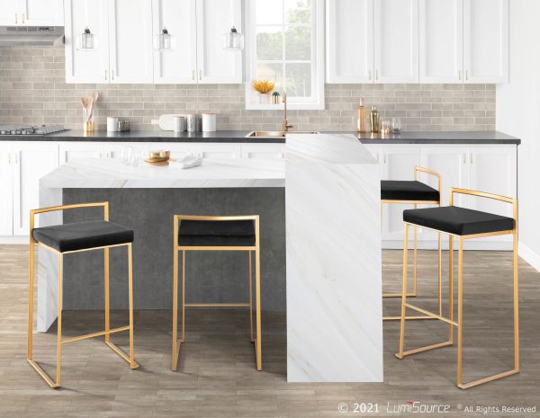 Fuji 30 Gold Black Velvet Contemporary Barstools Set of 3