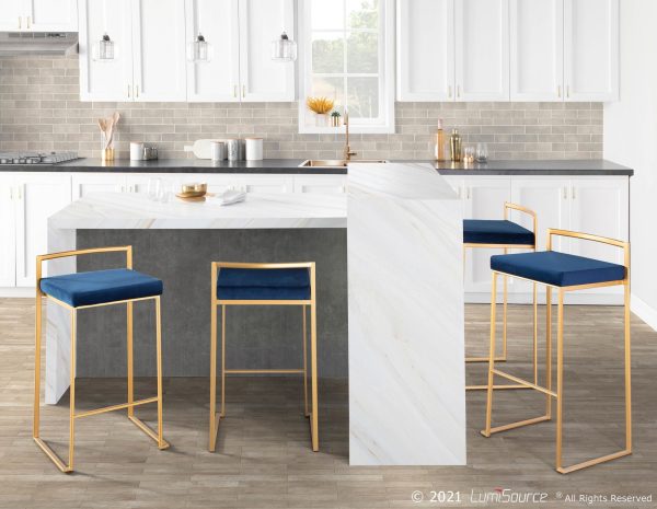 Fuji 30 Gold Blue Velvet Contemporary Stackable Barstool Set of 3 1