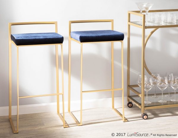 Fuji 30 Gold Blue Velvet Contemporary Stackable Barstool Set of 3