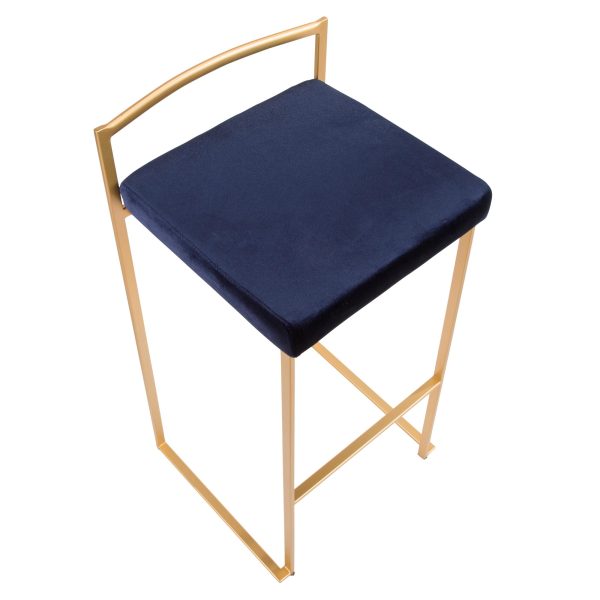 Fuji 30 Gold Blue Velvet Contemporary Stackable Barstool Set of 3 8