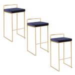 Fuji 30 Gold Blue Velvet Contemporary Stackable Barstool (Set of 3)