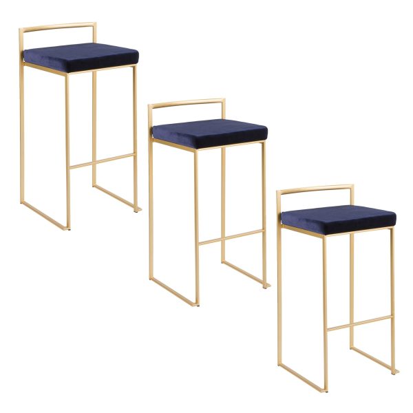 Fuji 30 Gold Blue Velvet Contemporary Stackable Barstool Set of 3 9