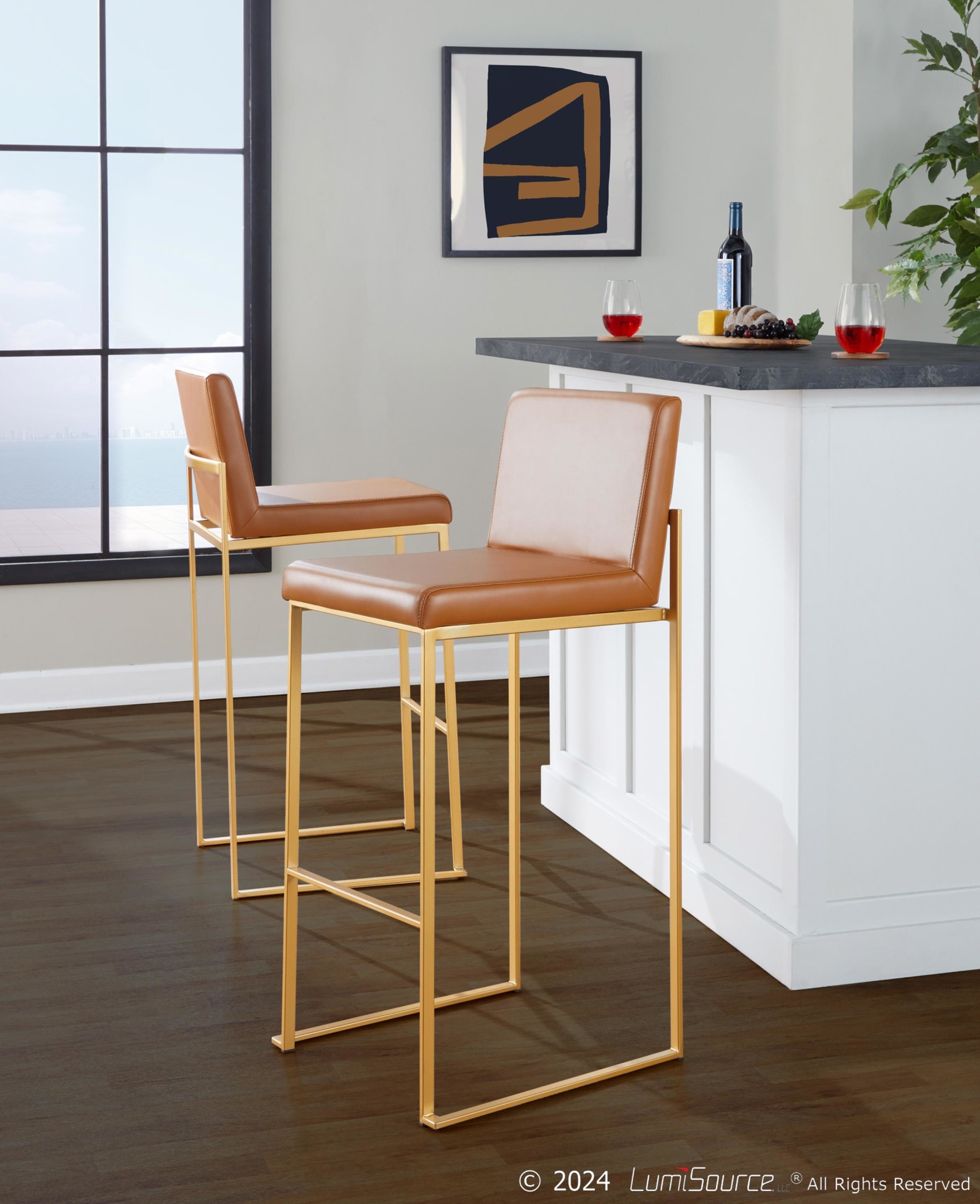 Fuji 30 Gold Camel Contemporary High Back Barstool (Set of 2) 2 Fuji 30 Gold Camel Contemporary High Back Barstool (Set of 2) - Image 2
