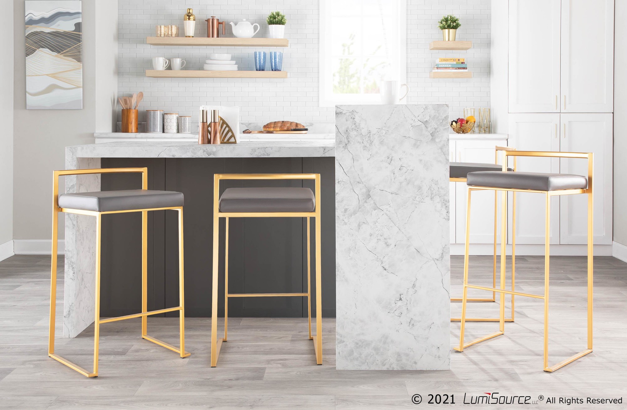 Fuji 30 Gold Grey Faux Leather Contemporary Barstool (Set of 3) 2 Fuji 30 Gold Grey Faux Leather Contemporary Barstool (Set of 3) - Image 2