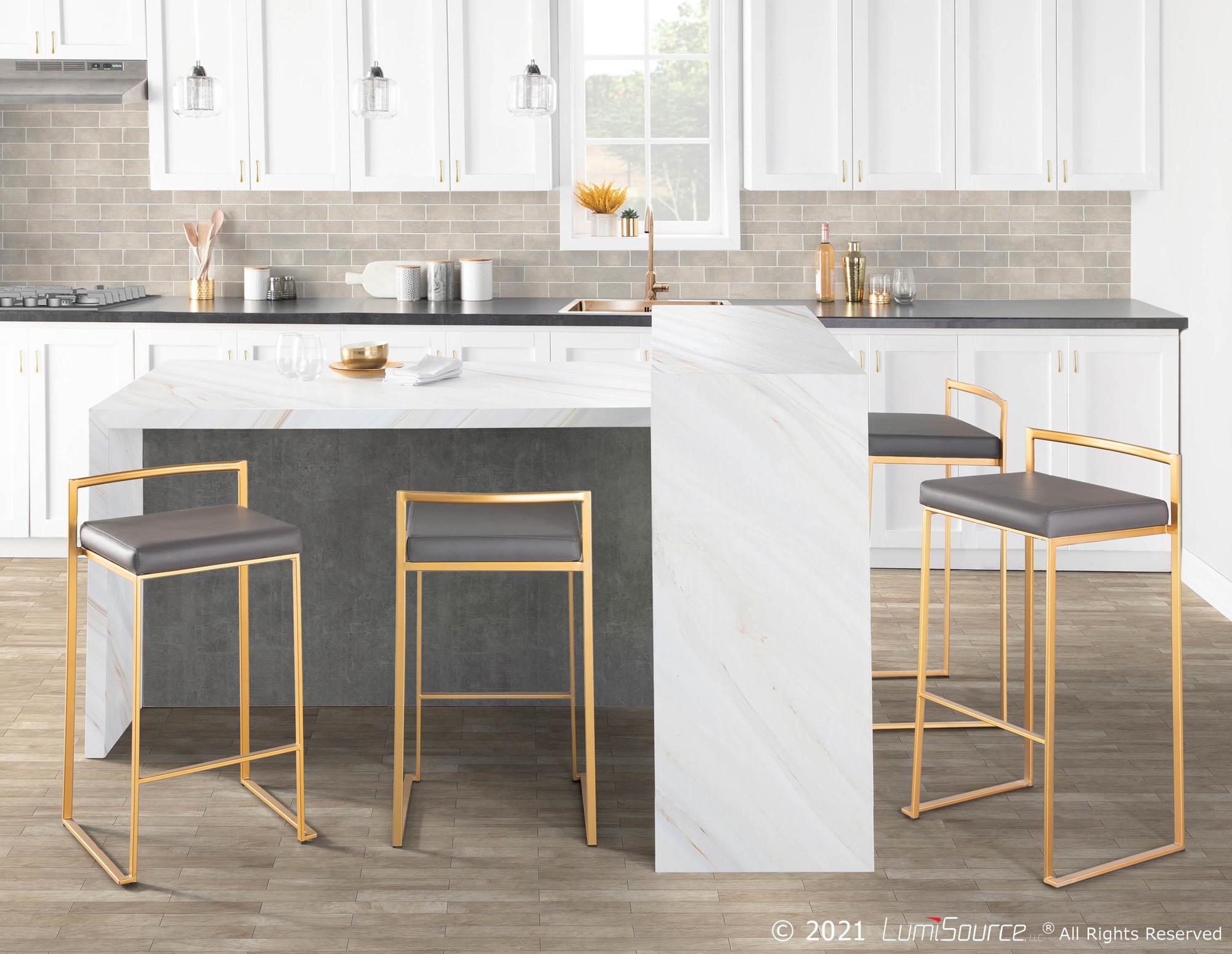 Fuji 30 Gold Grey Faux Leather Contemporary Barstool (Set of 3) 1 Fuji 30 Gold Grey Faux Leather Contemporary Barstool (Set of 3)