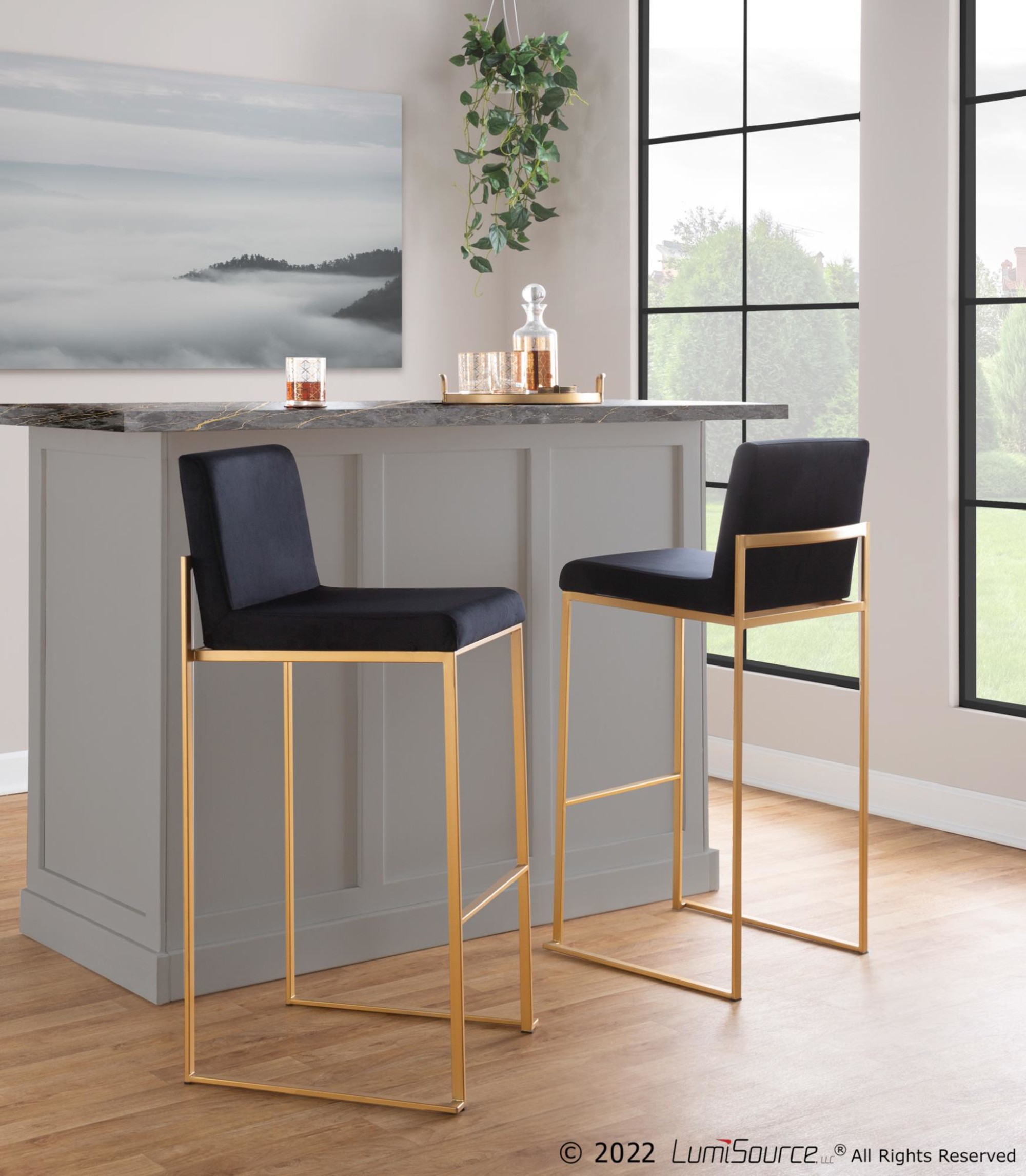 Fuji 30 Gold Steel Black Faux Leather Barstool (Set of 3) 2 Fuji 30 Gold Steel Black Faux Leather Barstool (Set of 3) - Image 2