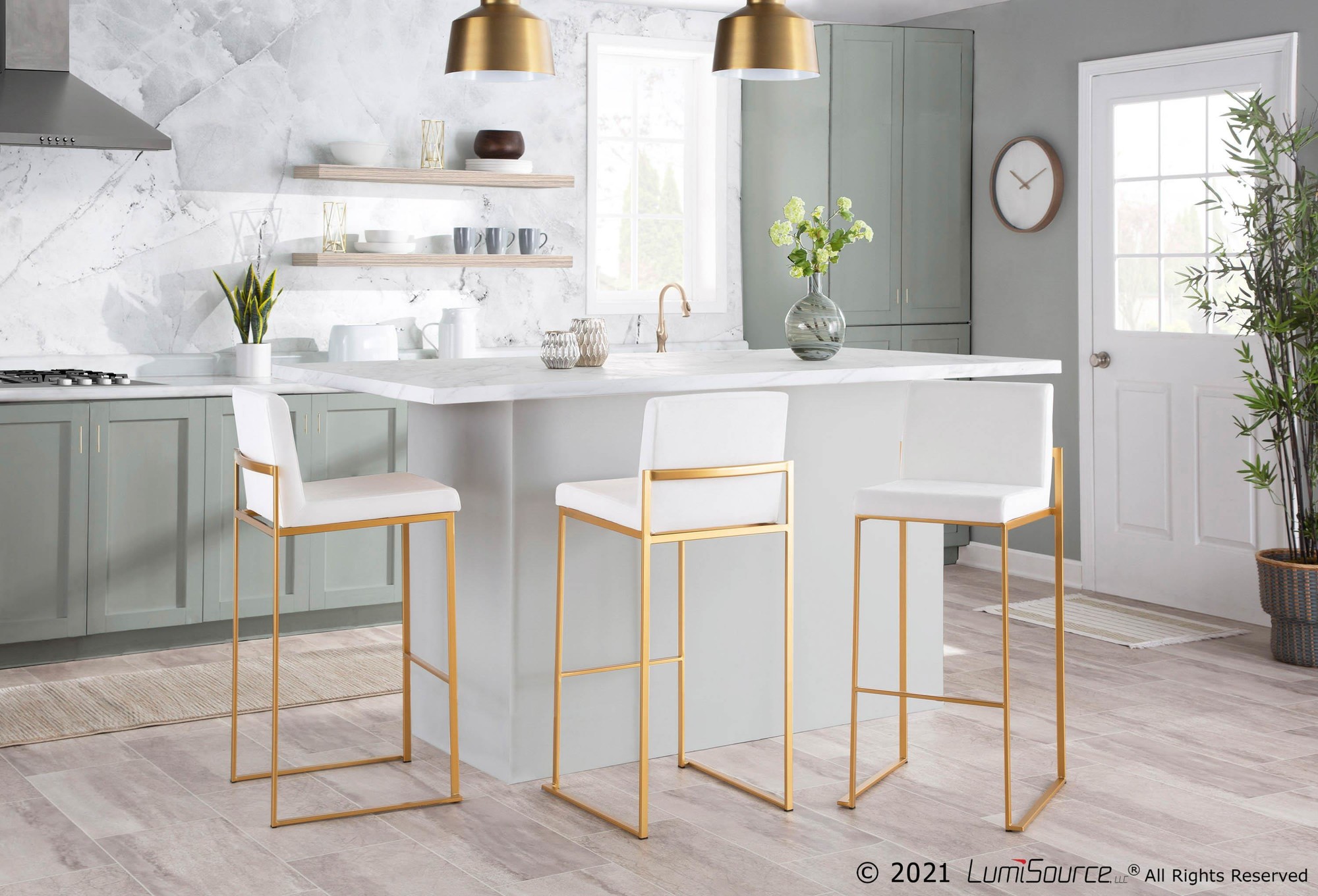 Fuji 30 Gold Steel White Velvet Contemporary Barstool (Set of 3) 2 Fuji 30 Gold Steel White Velvet Contemporary Barstool (Set of 3) - Image 2