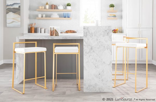 Fuji 30 Gold White Velvet Contemporary Barstool Set of 3 1