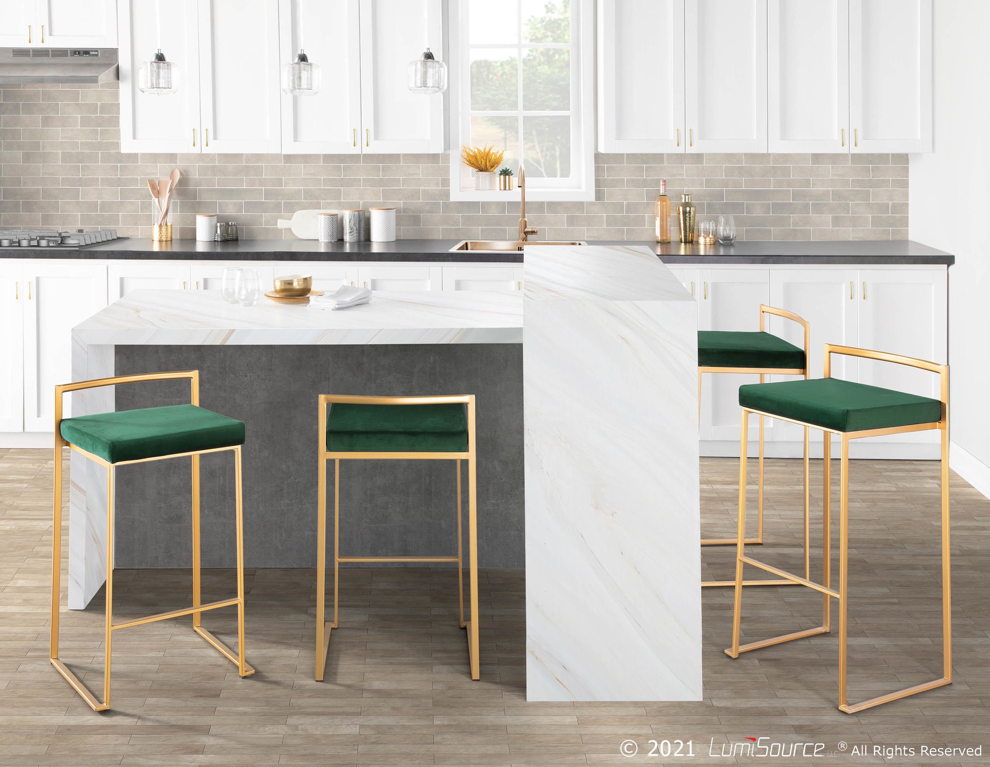 Fuji 30 Gold and Green Velvet Contemporary Barstool (Set of 3) 2 Fuji 30 Gold and Green Velvet Contemporary Barstool (Set of 3) - Image 2