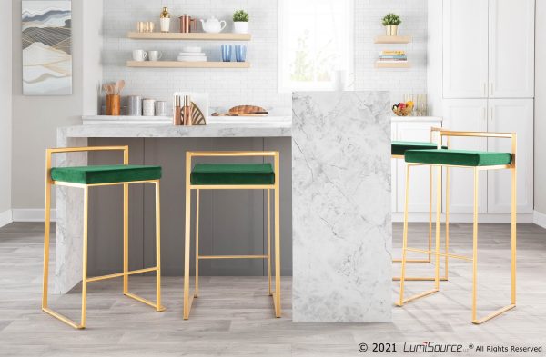 Fuji 30 Gold and Green Velvet Contemporary Barstool Set of 3 2