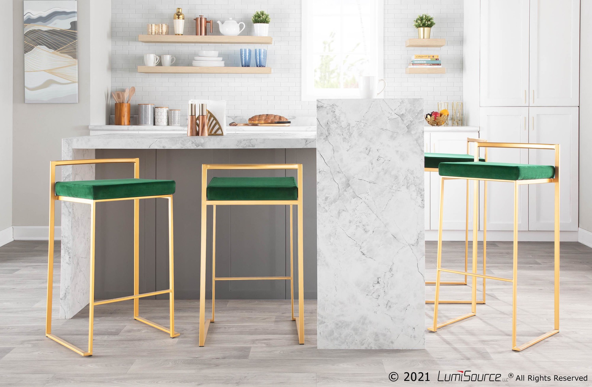 Fuji 30 Gold and Green Velvet Contemporary Barstool (Set of 3) 3 Fuji 30 Gold and Green Velvet Contemporary Barstool (Set of 3) - Image 3