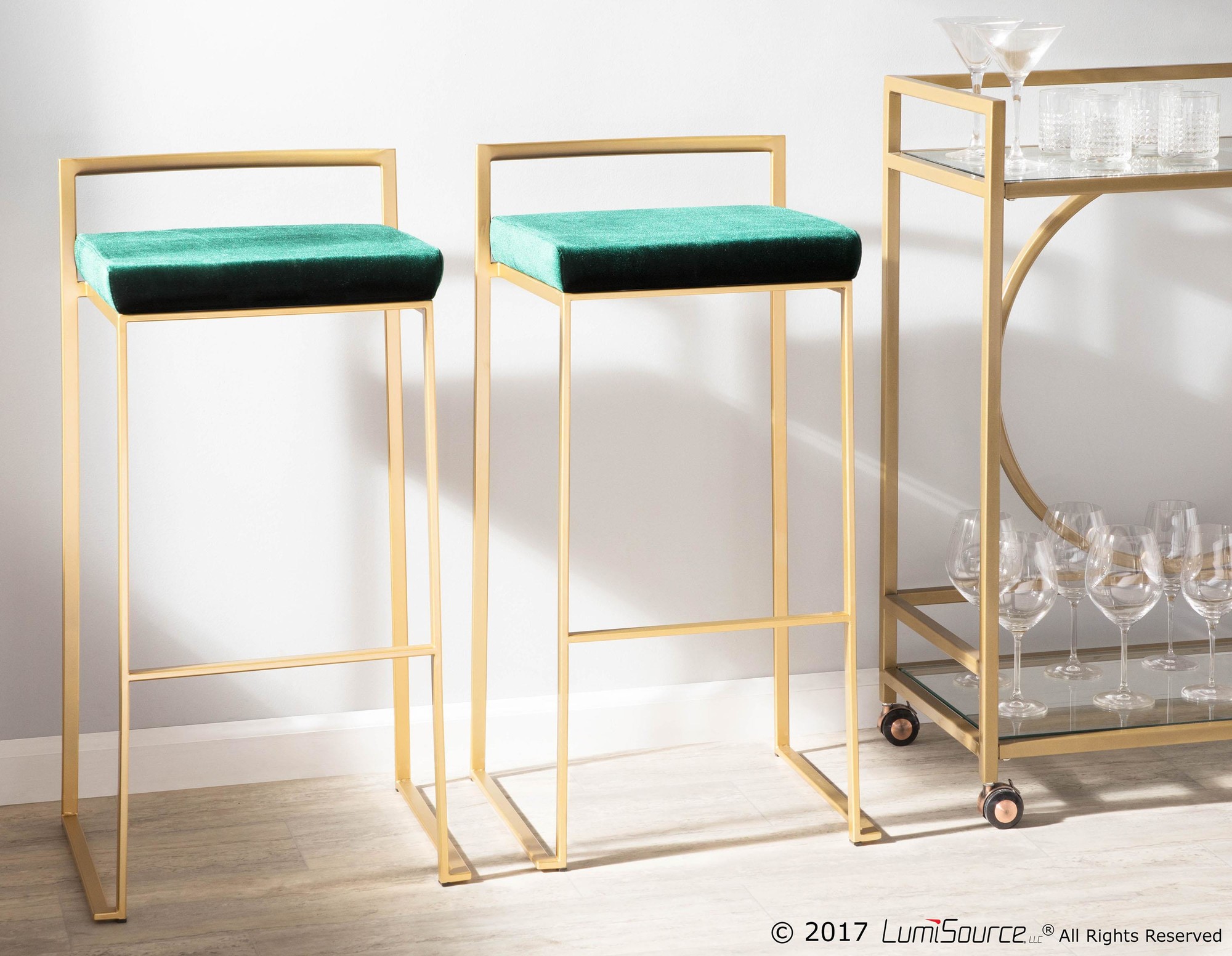 Fuji 30 Gold and Green Velvet Contemporary Barstool (Set of 3) 1 Fuji 30 Gold and Green Velvet Contemporary Barstool (Set of 3)