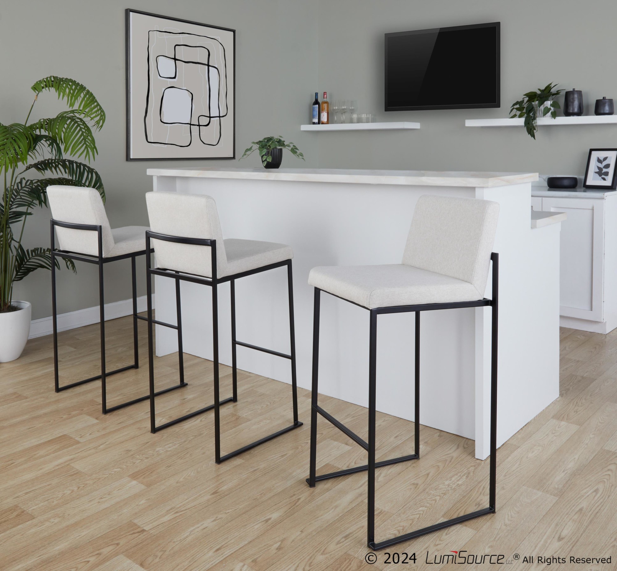 Fuji 30-Inch Black Steel Beige Fabric Contemporary Barstool (Set of 3) 2 Fuji 30-Inch Black Steel Beige Fabric Contemporary Barstool (Set of 3) - Image 2