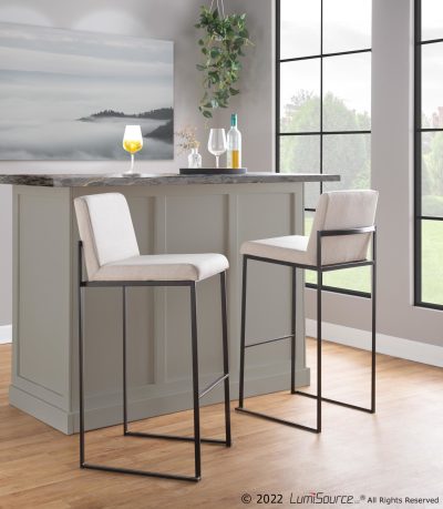 Fuji 30-Inch Black Steel Beige Fabric Contemporary Barstool (Set of 3)
