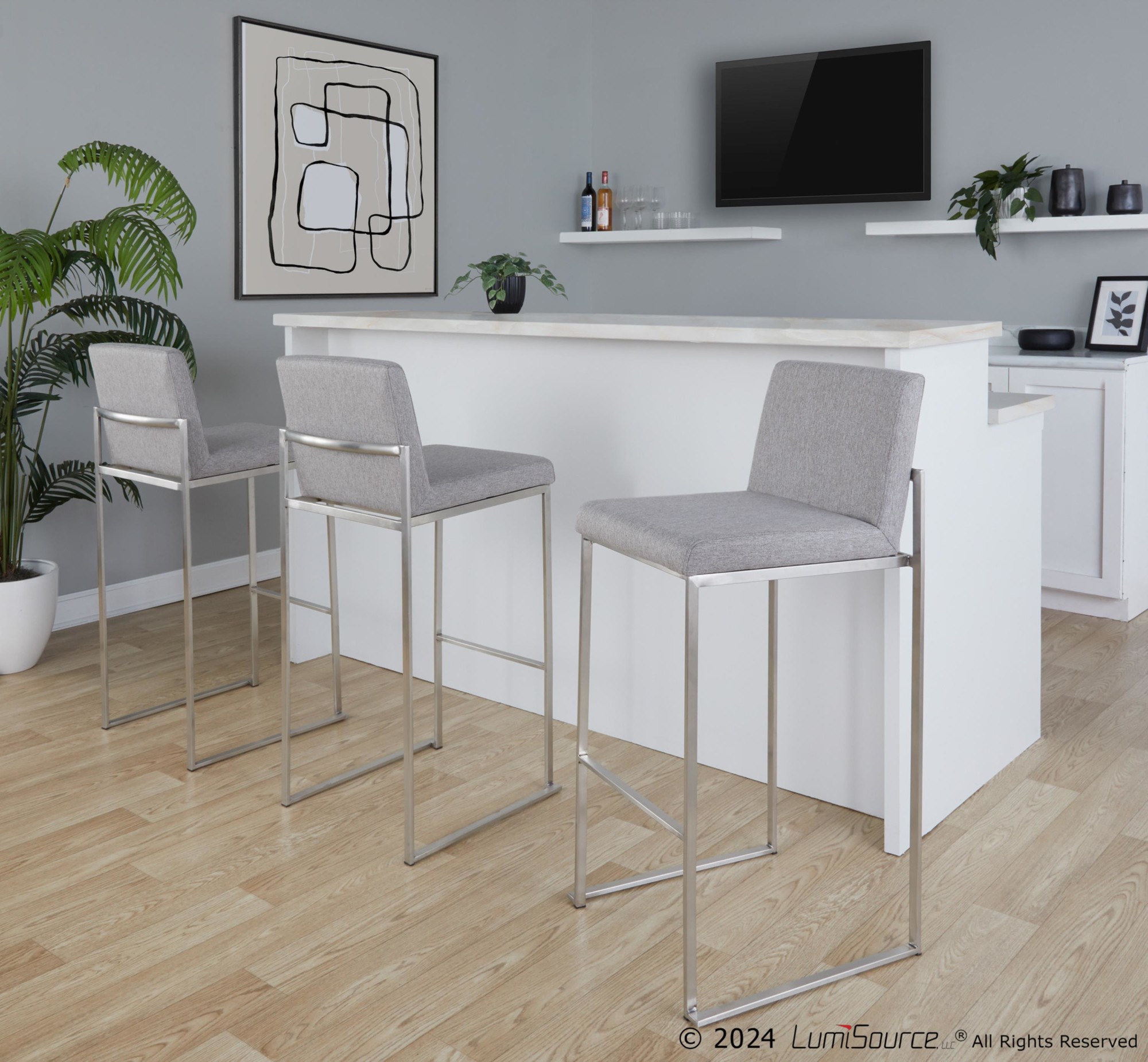 Fuji 30 Stainless Steel Grey Fabric Contemporary Barstool (Set of 3) 2 Fuji 30 Stainless Steel Grey Fabric Contemporary Barstool (Set of 3) - Image 2