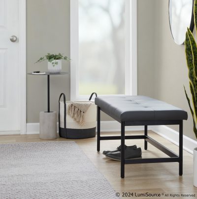 Fuji 44-Inch Contemporary Black Metal Grey Faux Leather Bench