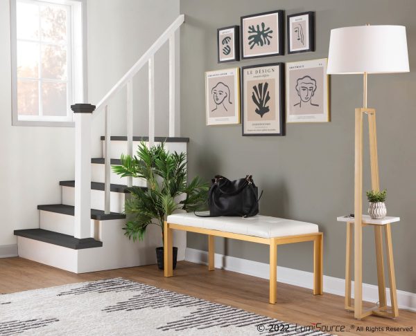 Fuji 46 Inch Contemporary White Faux Leather Bench Gold Metal Frame 1