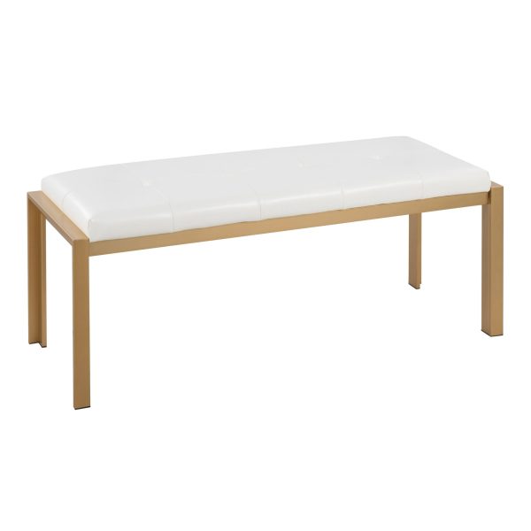 Fuji 46 Inch Contemporary White Faux Leather Bench Gold Metal Frame 4