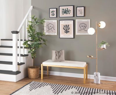 Fuji 46-Inch Contemporary White Faux Leather Bench Gold Metal Frame