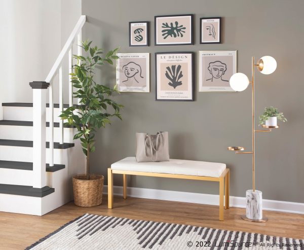 Fuji 46 Inch Contemporary White Faux Leather Bench Gold Metal Frame