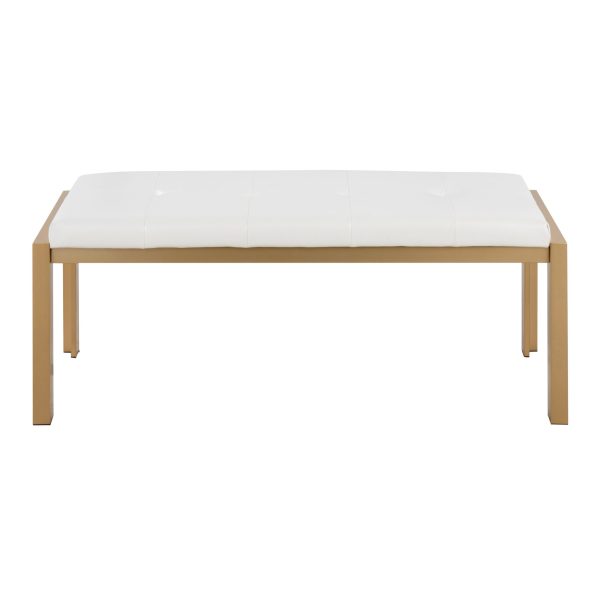 Fuji 46 Inch Contemporary White Faux Leather Bench Gold Metal Frame 7