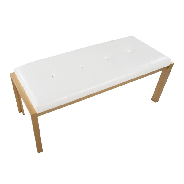 Fuji 46 Inch Contemporary White Faux Leather Bench Gold Metal Frame 8