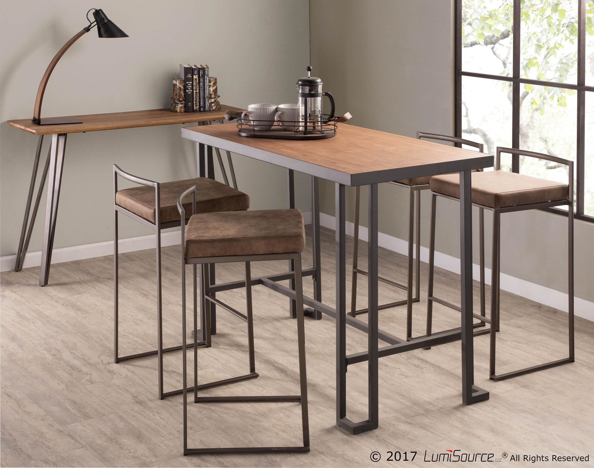 Fuji Antique Brown Cowboy Fabric Industrial Counter Stools (Set of 2) 2 Fuji Antique Brown Cowboy Fabric Industrial Counter Stools (Set of 2) - Image 2
