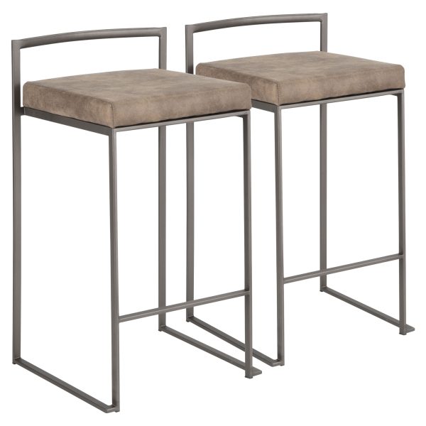 Fuji Antique Brown Cowboy Fabric Industrial Counter Stools Set of 2 4