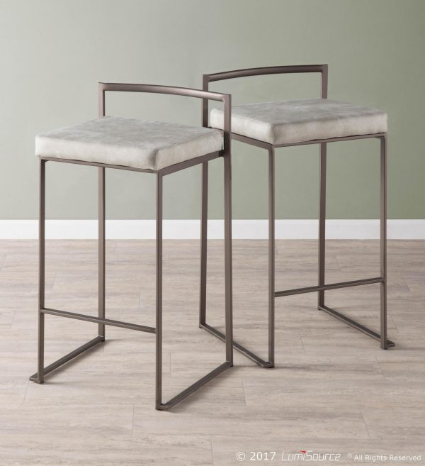 Fuji Antique Industrial Light Grey Cowboy Fabric Counter Stools Set of 2 1