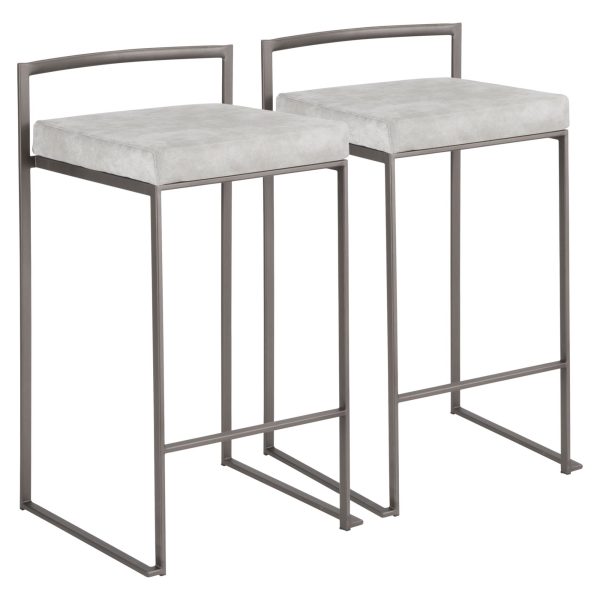 Fuji Antique Industrial Light Grey Cowboy Fabric Counter Stools Set of 2 3