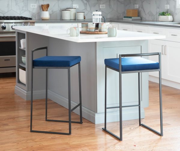 Fuji Black Contemporary Blue Velvet Stackable Counter Stools Set of 2 1