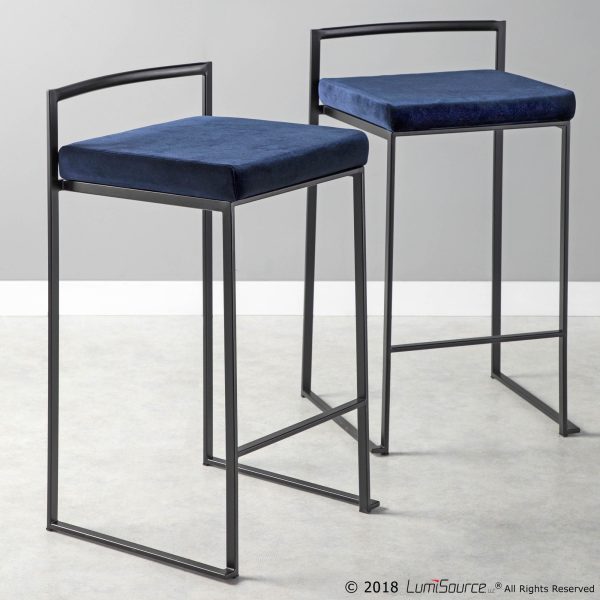 Fuji Black Contemporary Blue Velvet Stackable Counter Stools Set of 2 2