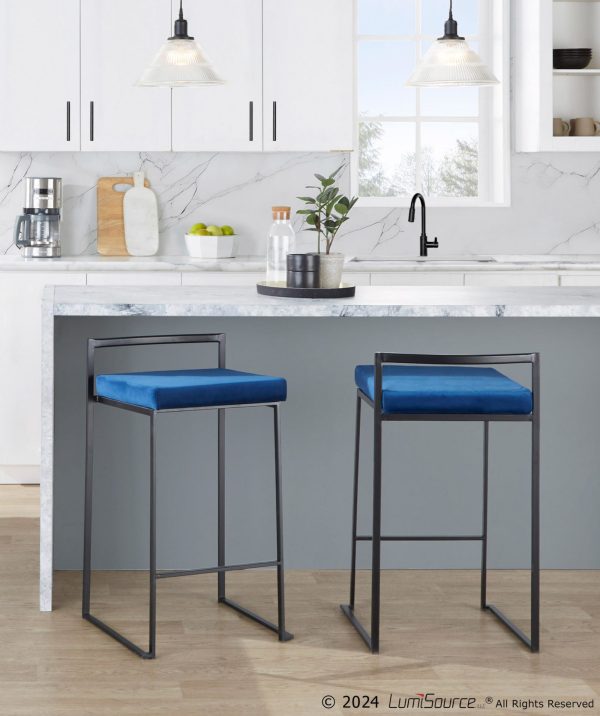 Fuji Black Contemporary Blue Velvet Stackable Counter Stools Set of 2 3