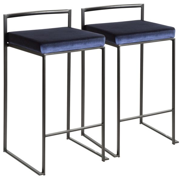 Fuji Black Contemporary Blue Velvet Stackable Counter Stools Set of 2 5