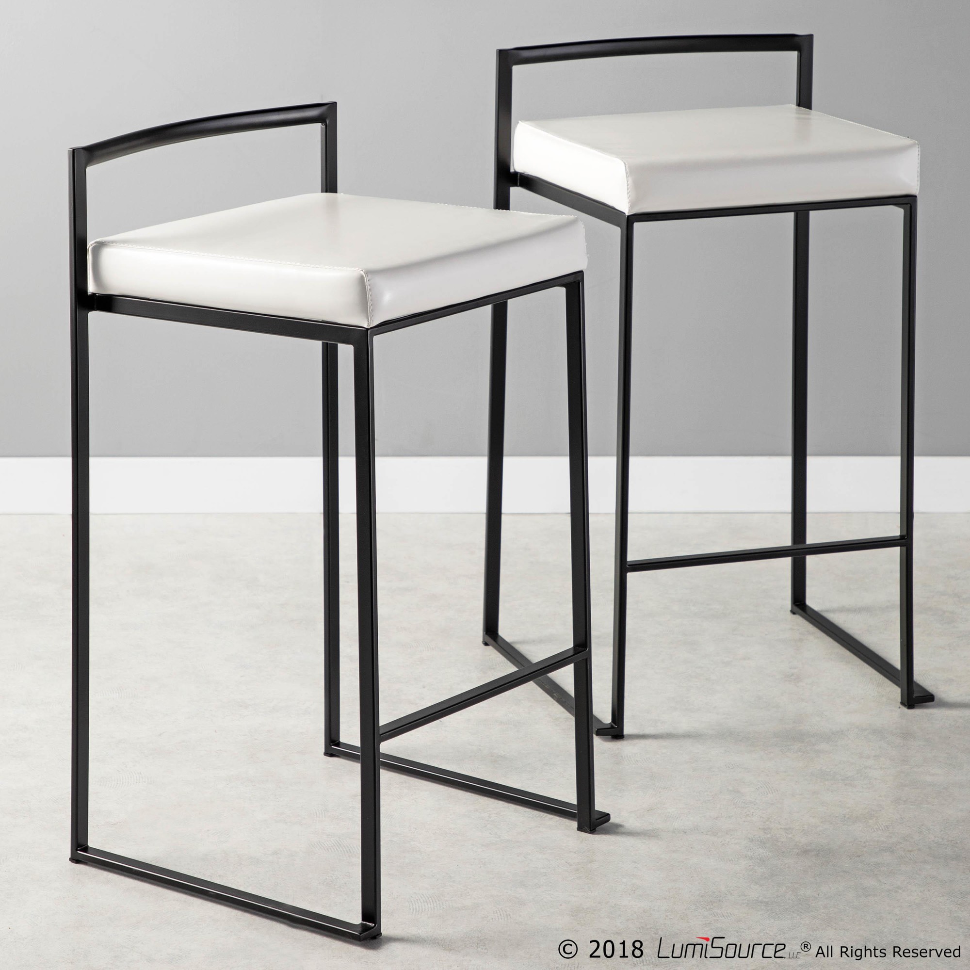 Fuji Black Contemporary Stackable Counter Stools White Faux Leather (Set of 2) 2 Fuji Black Contemporary Stackable Counter Stools White Faux Leather (Set of 2) - Image 2