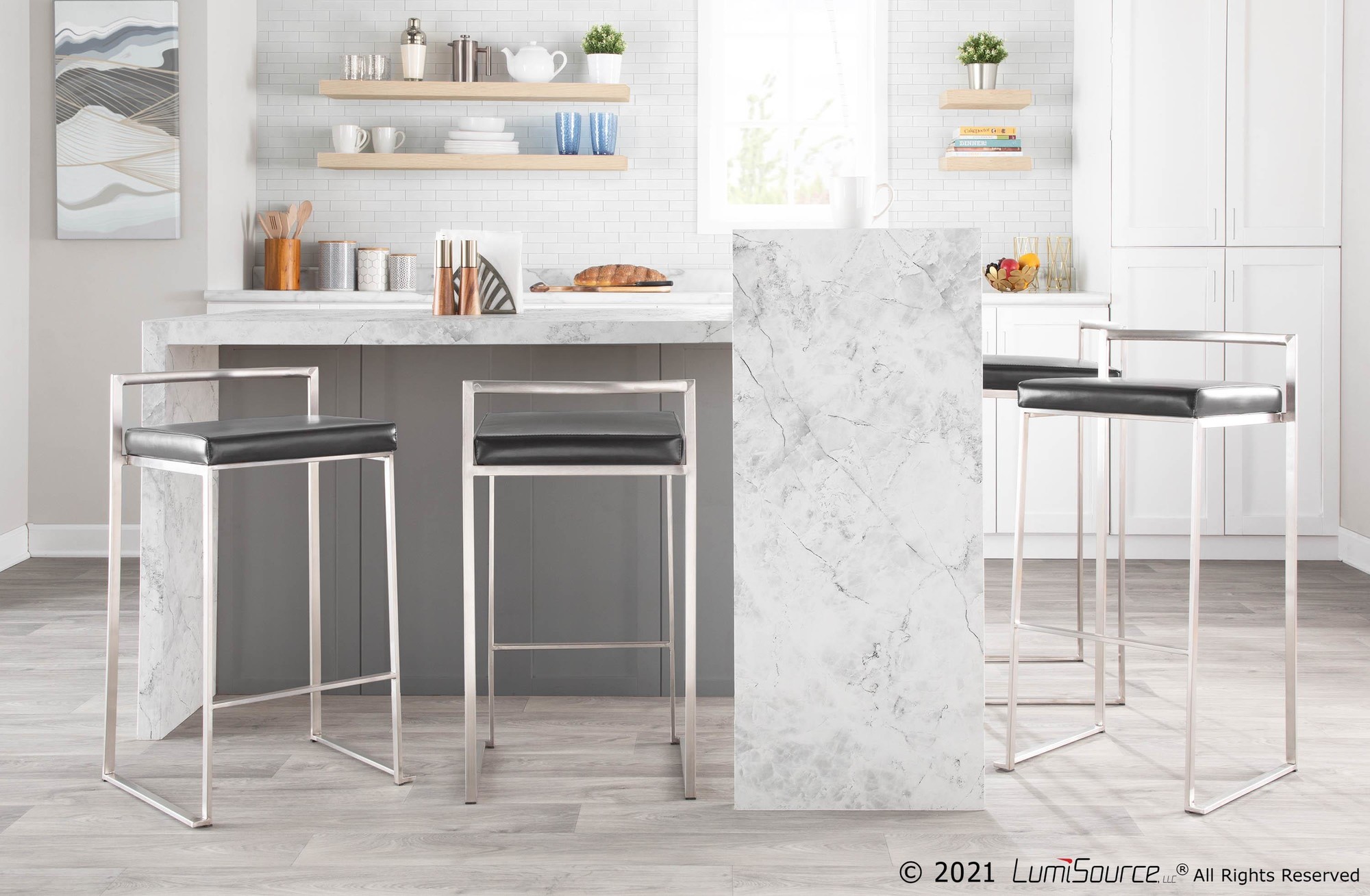 Fuji Black Faux Leather Contemporary Stackable Barstool 30-Inch (Set of 2) 4 Fuji Black Faux Leather Contemporary Stackable Barstool 30-Inch (Set of 2) - Image 4