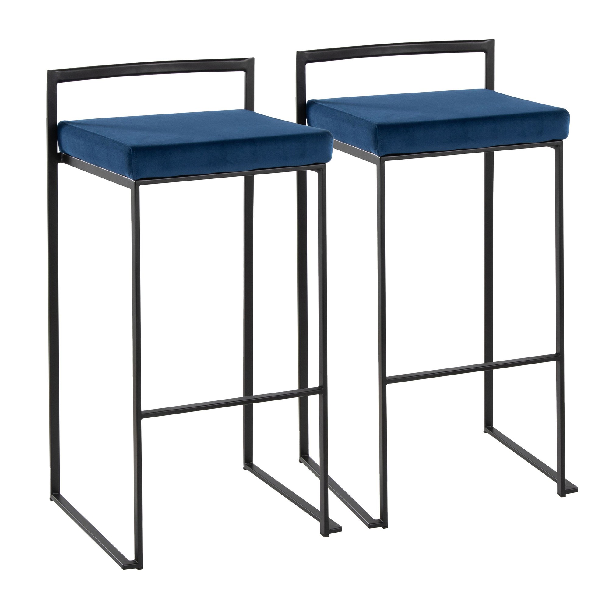 Fuji Black Metal Blue Velvet Contemporary Stackable Barstools (Set of 2) 2 Fuji Black Metal Blue Velvet Contemporary Stackable Barstools (Set of 2) - Image 2
