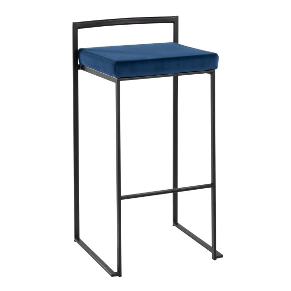 Fuji Black Metal Blue Velvet Contemporary Stackable Barstools Set of 2 2